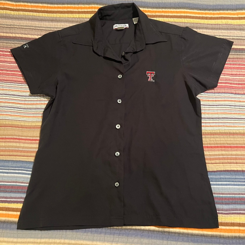 Antigua Women Black Texas Tech Red Raiders Embroidered Short Sleeve Shirt Size M